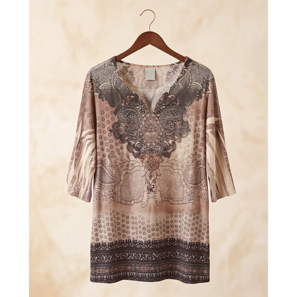 Catherines Boho Tunic Top Earthy Paisley Sparkle Accent Plus Size 0X 3/4‎ Sleeve
